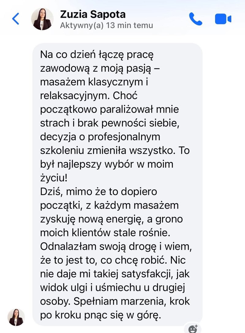 Opinia Zuzi z Messengera o szkoleniu z masażu