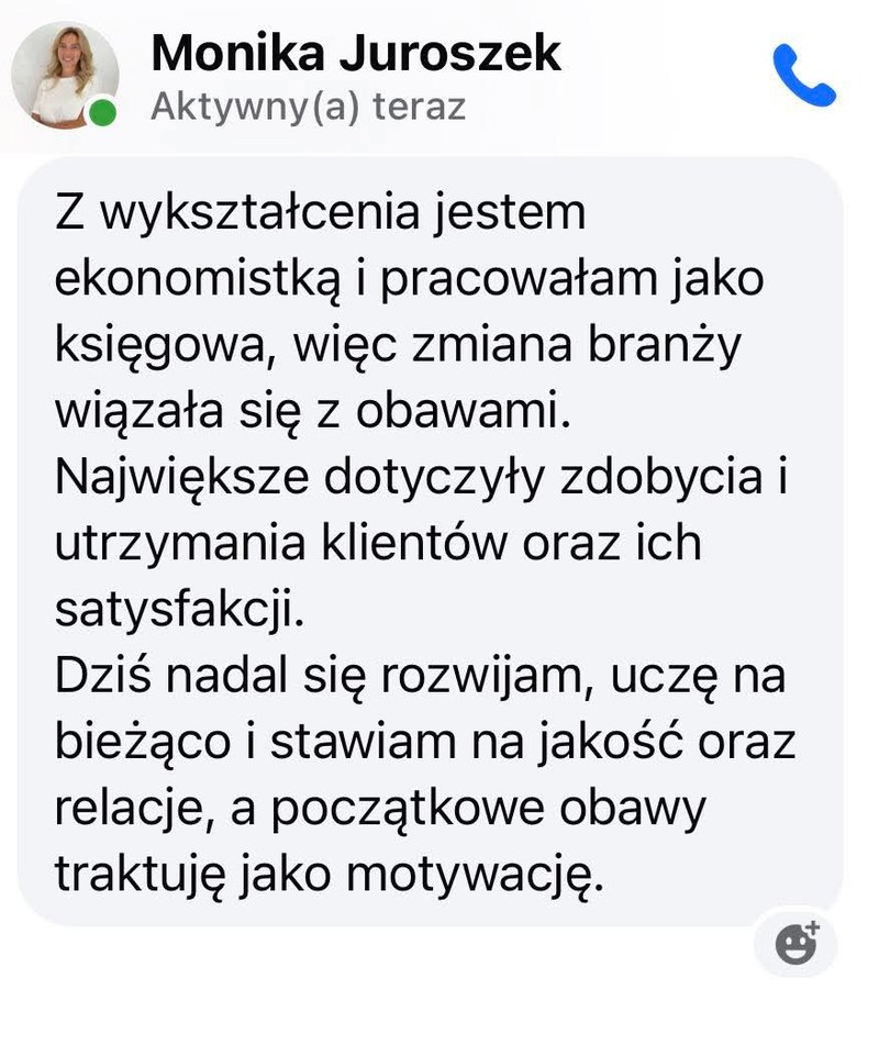 Wiadomość Moniki o zmianie zawodu z księgowej