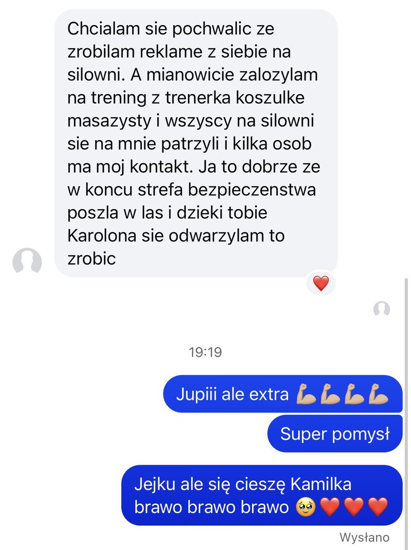 Wiadomość Kamili o reklamie na siłowni