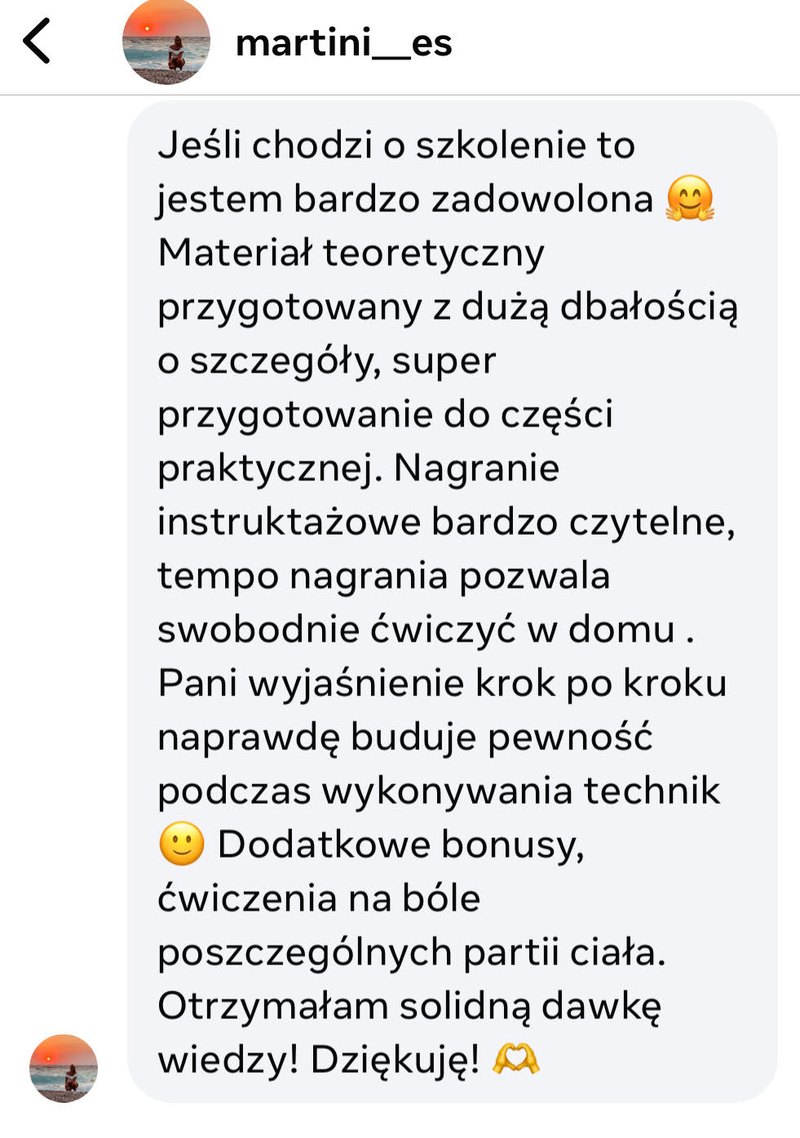 Wiadomość kursantki z Instagrama o materiałach kursu