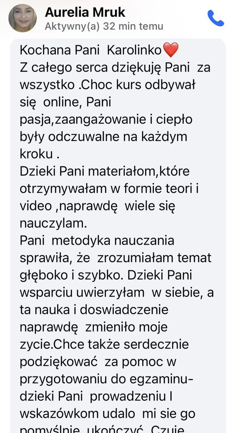 Wiadomość Aurelii z podziękowaniem za kurs online